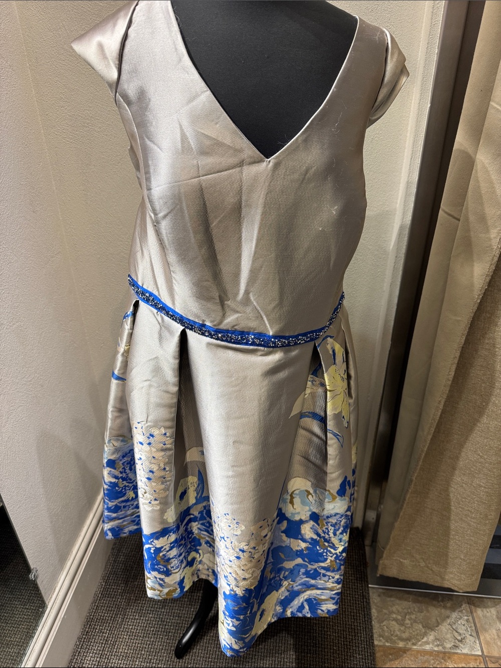 Silver and Blue Floral-Accent Fit & Flare Dress